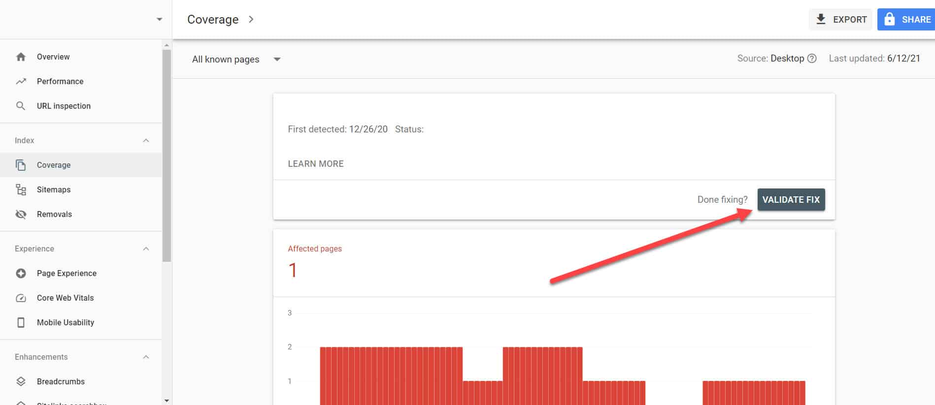 Search Console-Schaltfläche „Fix validieren“.