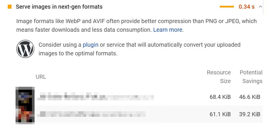pagespeedインサイトは、次世代フォーマットの画像を提供します