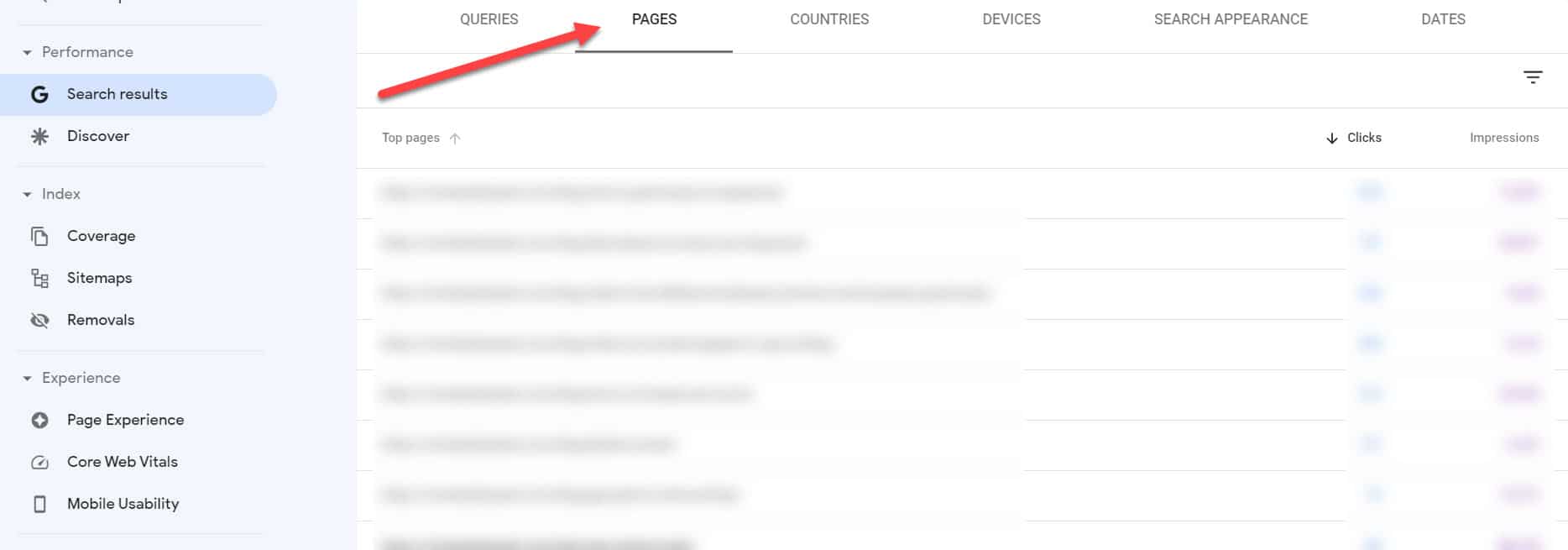หน้าผลการค้นหาประสิทธิภาพ gsc