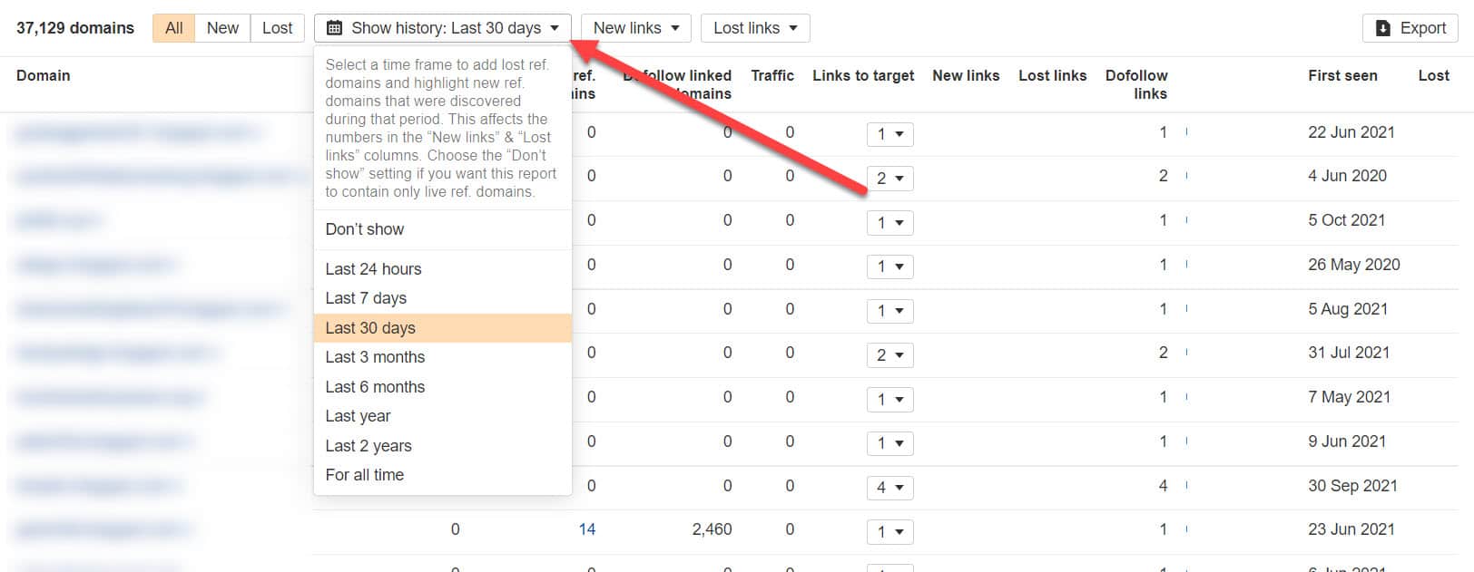 ahrefs อ้างอิงโดเมนแสดงประวัติ