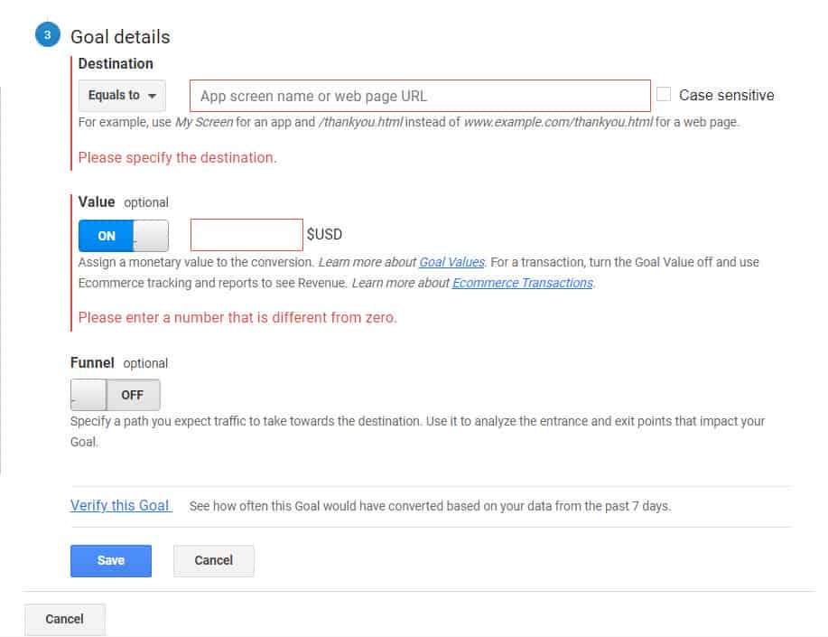 รายละเอียดเป้าหมายของ Google Analytics