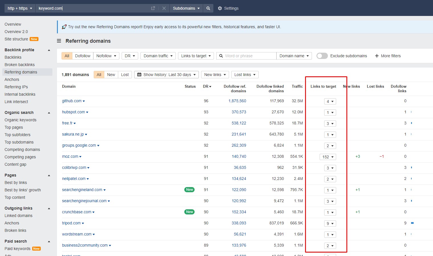 대상에 대한 Ahrefs 링크