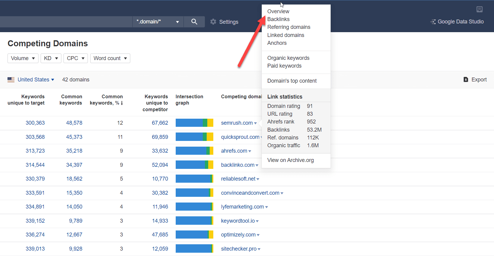 ahrefs 경쟁 도메인 개요