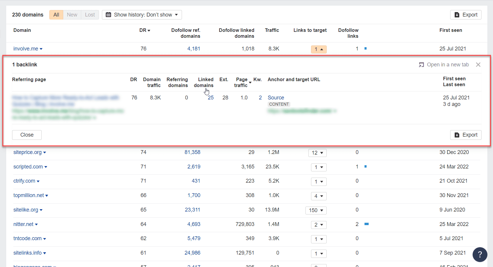 대상에 대한 도메인 링크를 참조하는 ahrefs