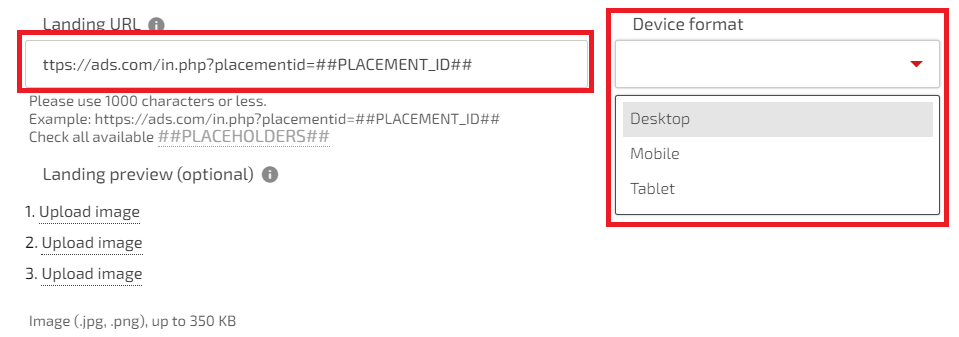 Adicione sua URL de oferta com todos os tokens necessários e escolha o tipo de dispositivo para seu tráfego
