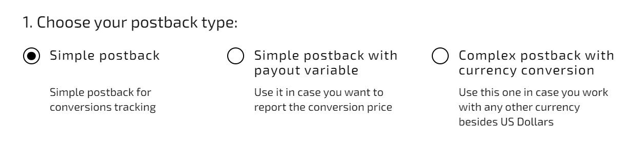 Na primeira etapa, você escolhe o tipo de postback