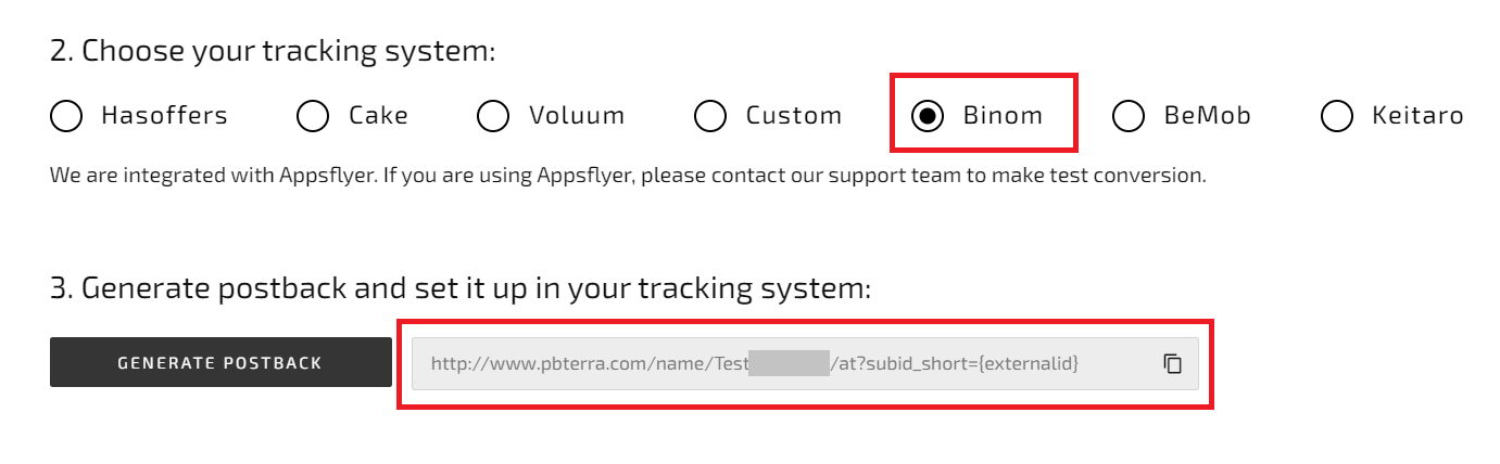 Ao gerar um link de postback, você vê os tokens que precisa corresponder