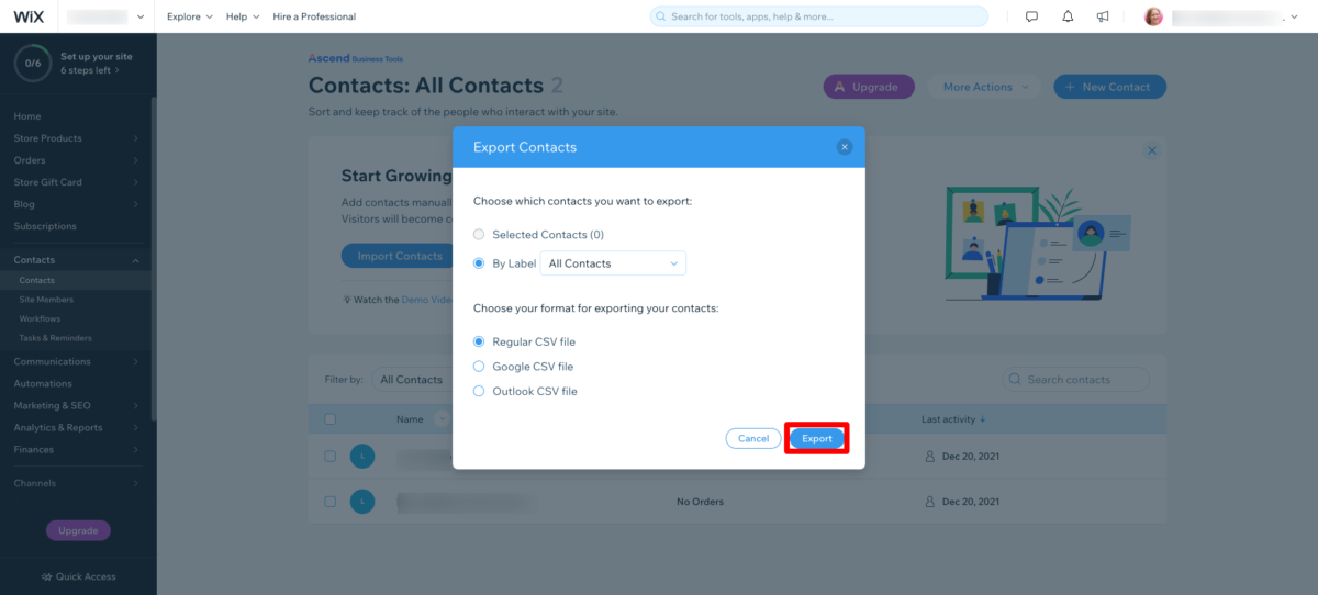 Exportar contactos de Wix Export Wix Customers