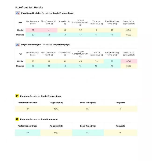 Wyniki testów witryny sklepowej