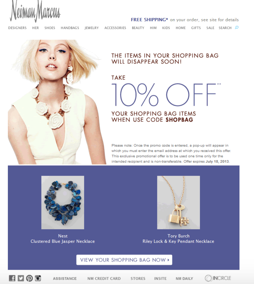 ニーマンマーカスからのカートリマインダーメール