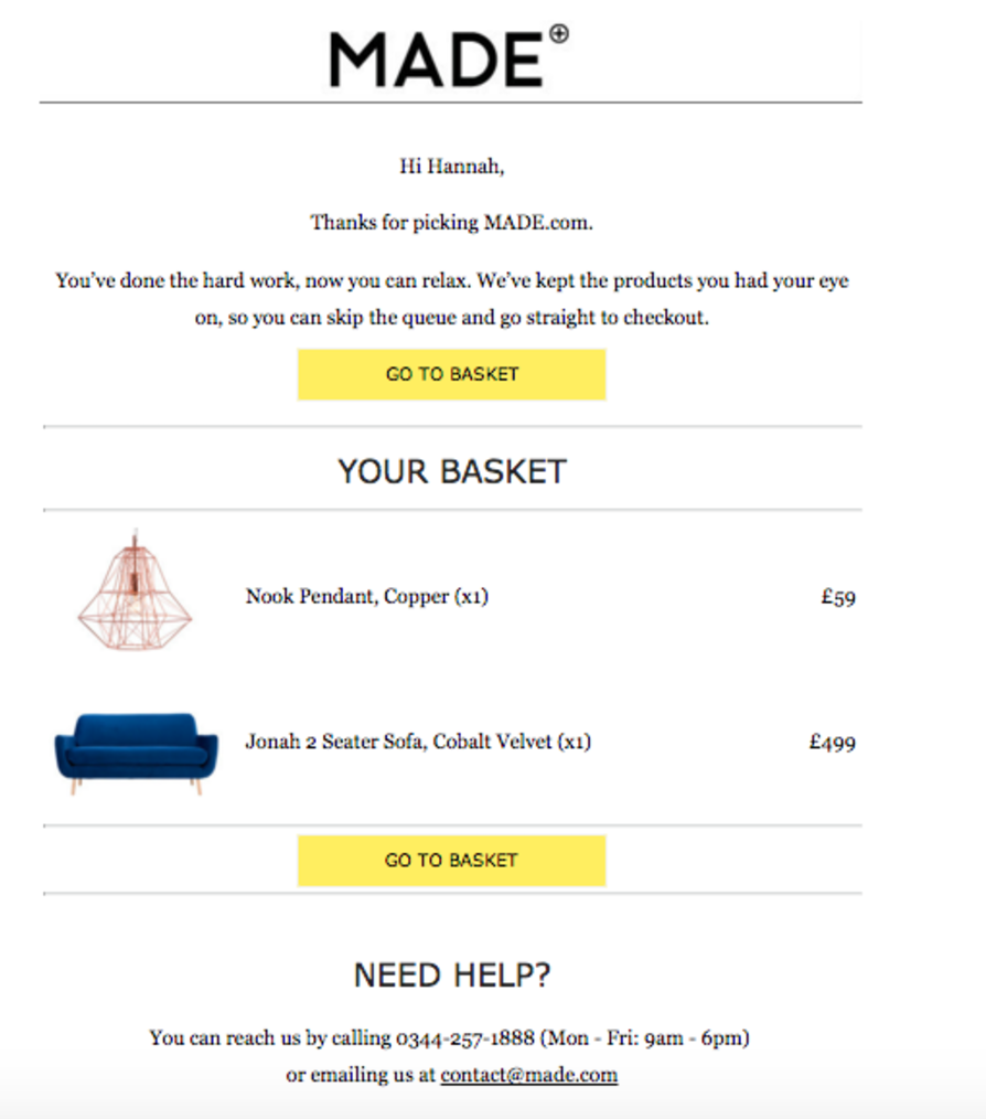 Made.comから送信されたカート放棄メール
