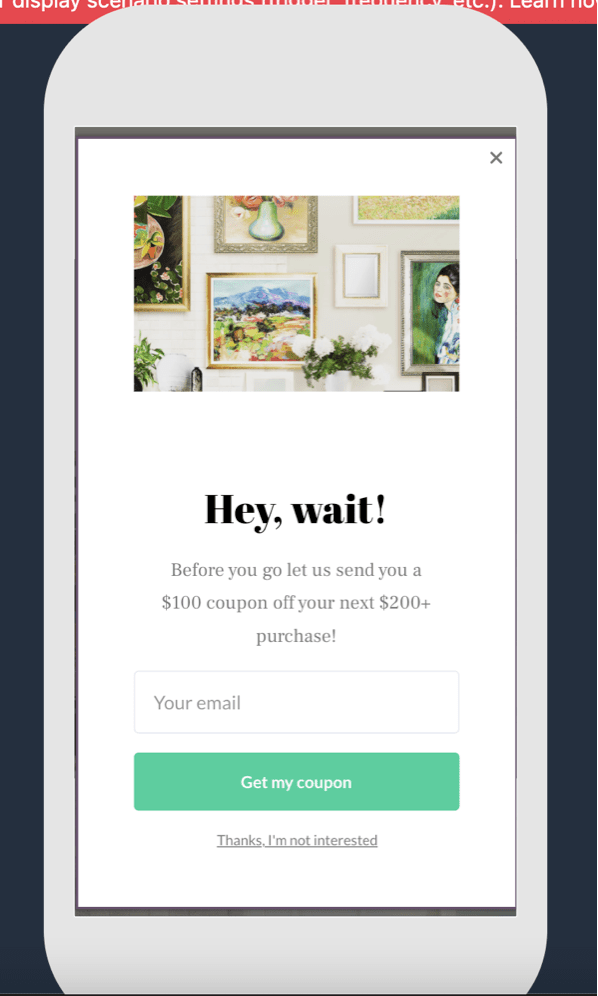 Una ventana emergente móvil en overstockArt.com