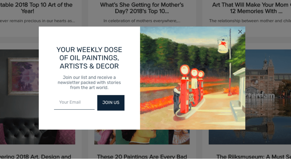 Ejemplo de ventana emergente de correo electrónico en overstockArt.com