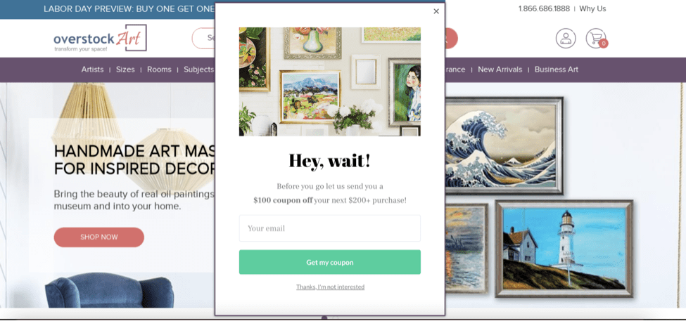 Ventana emergente de correo electrónico en overstockArt.com