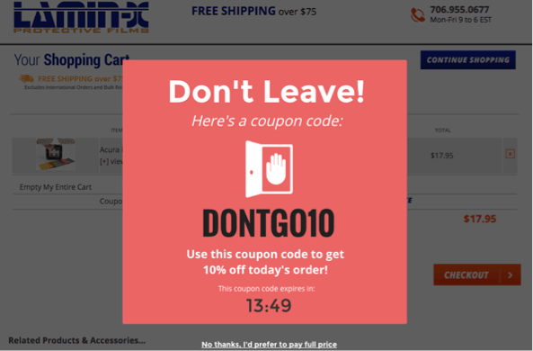 Fereastra pop-up pentru abandonul coșului