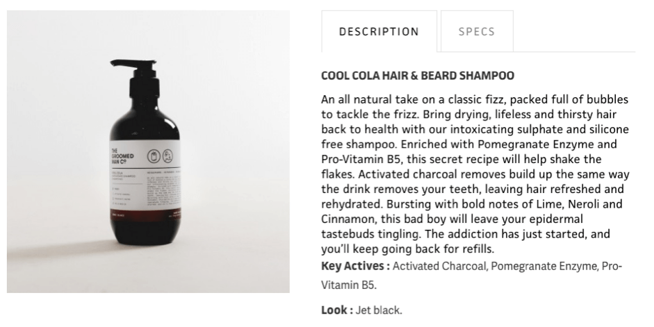 Exemplu de descriere a produsului pentru șampon Cool Cola pentru păr și barbă