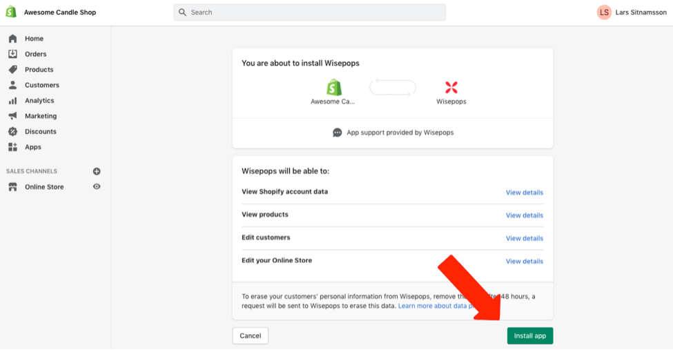 Shopify instala o aplicativo Wisepops