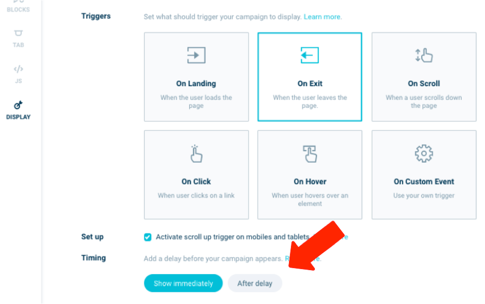 Configuração de atraso de página do Wisepops