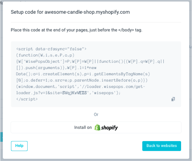 Exemplo de código de configuração do Wisepops