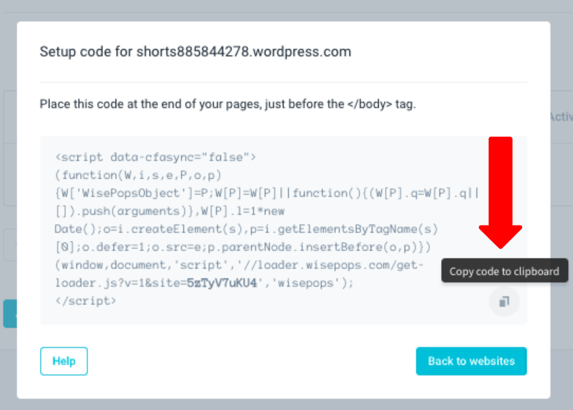 Tambahkan kode pengaturan Wisepops Anda