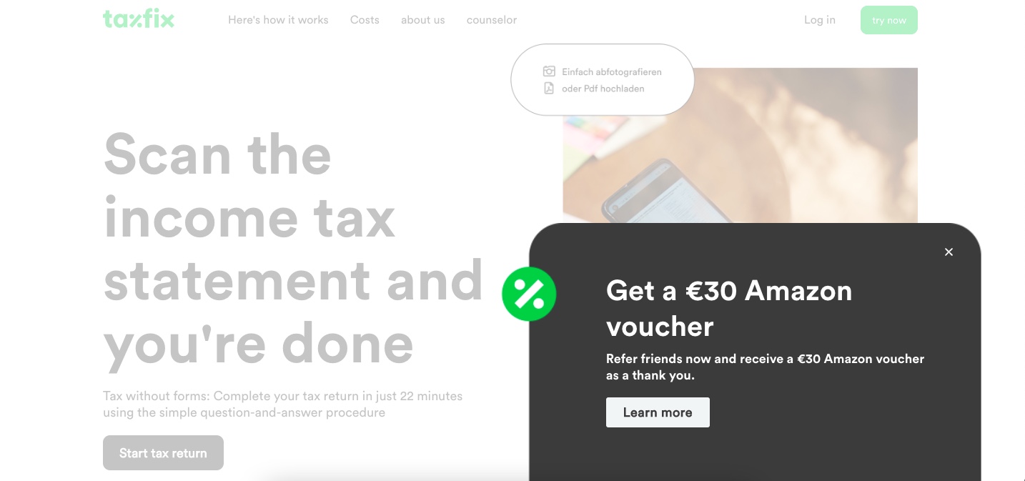 บัตรของขวัญ amazon €30 สำหรับการแนะนำเพื่อน – ตัวอย่างโปรโมชัน Taxfix