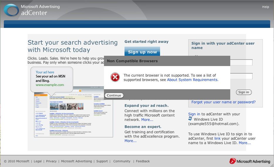 显示浏览器错误的屏幕截图