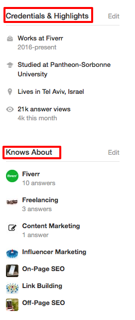 แถบด้านข้างข้อมูลรับรอง quora