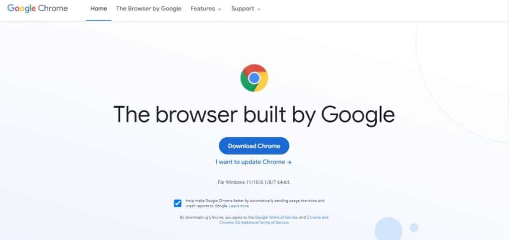 Pagina di destinazione di Google Chrome