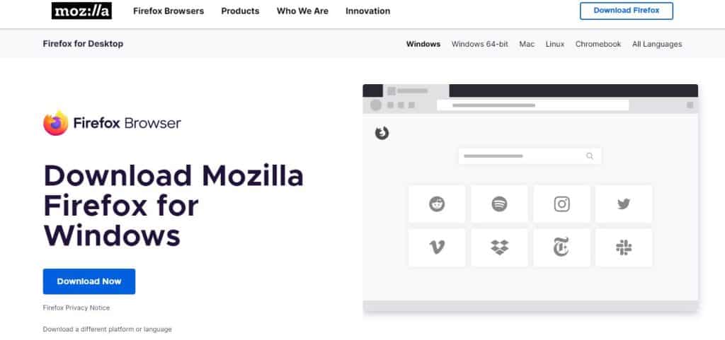 Pagina di destinazione del browser Firefox