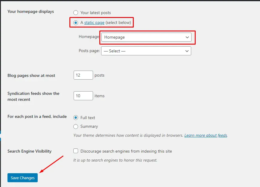 paramètres de la page d'accueil avec elementor