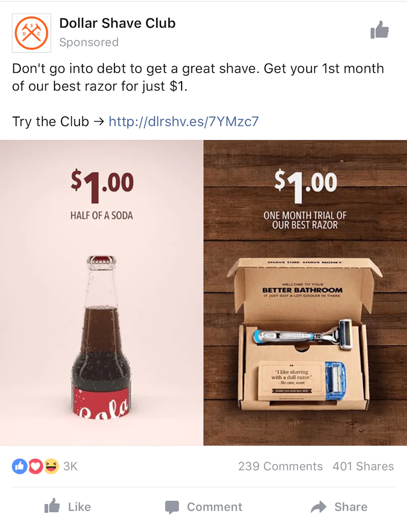 Anunț sponsorizat pentru produse Dollar Shave Club