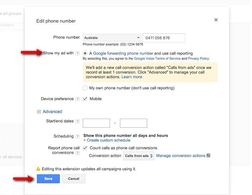 21-Gestion-de-campagne-–-Google-AdWords-Modifier-les-options-de-numéro-de-téléphone-pour-activer-le-transfert-d'appel-pour-le-suivi-de-la-conversion-sont-habituellement-activés-par-défaut