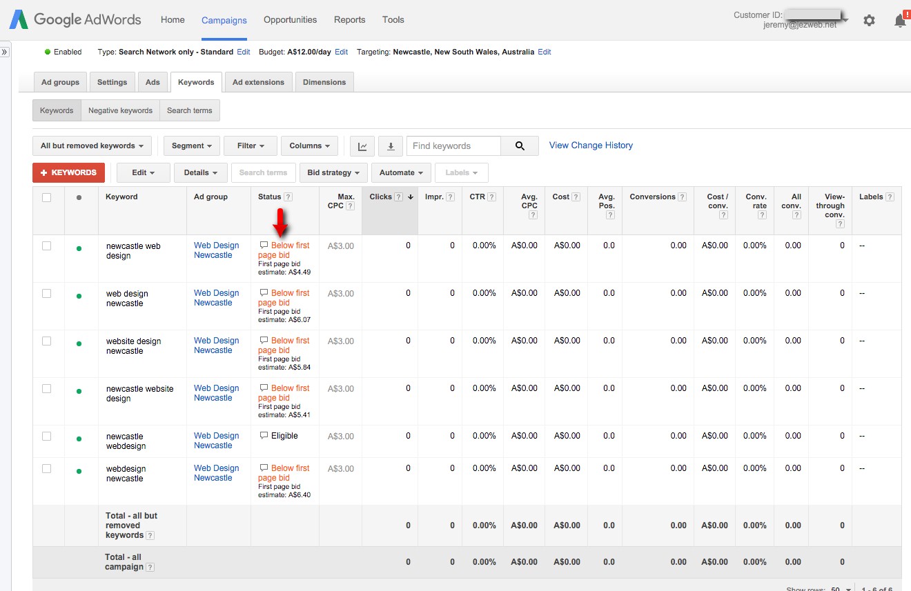 31-Gestion-de-campagne-–-Google-AdWords-Keywords-tab-we-have-below-first-page-bid