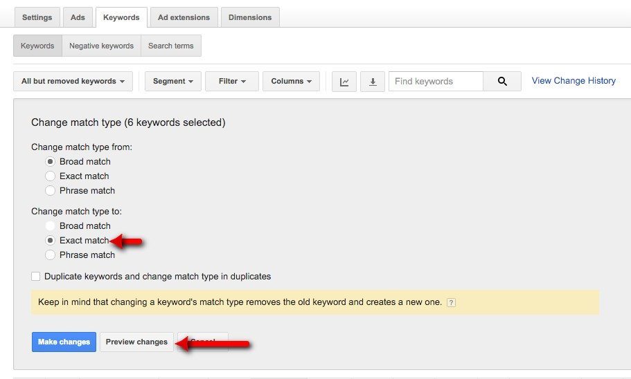 73-Gestion-des-campagnes-–-Google-AdWords-Change-match-type-to-exact-match-then-preview-changes