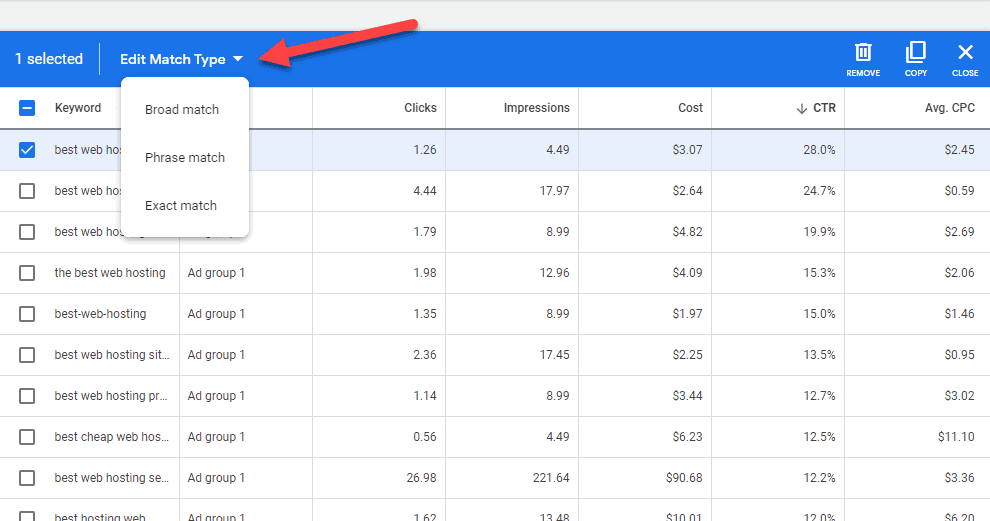 谷歌關鍵字規劃師匹配類型