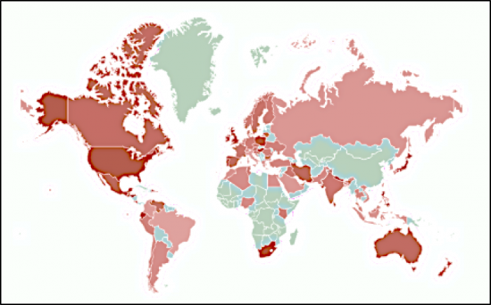 Mappa termica che mostra i gradi di interesse a San Valentino tramite query di ricerca
