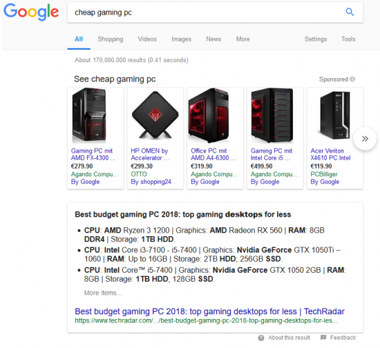 同一關鍵字的產品詳情廣告和精選片段。