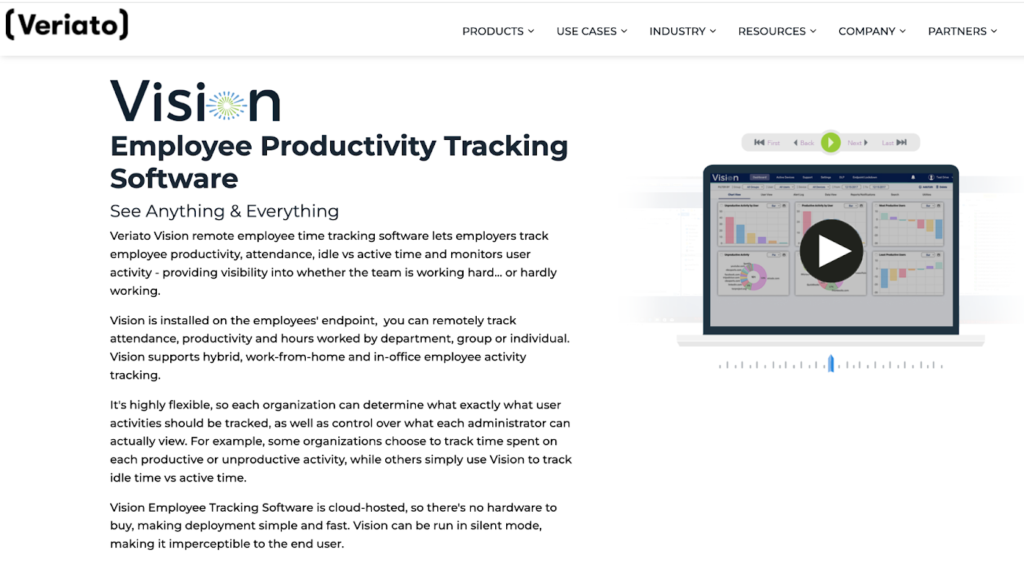 Веб-страница программного обеспечения для мониторинга сотрудников Veriato