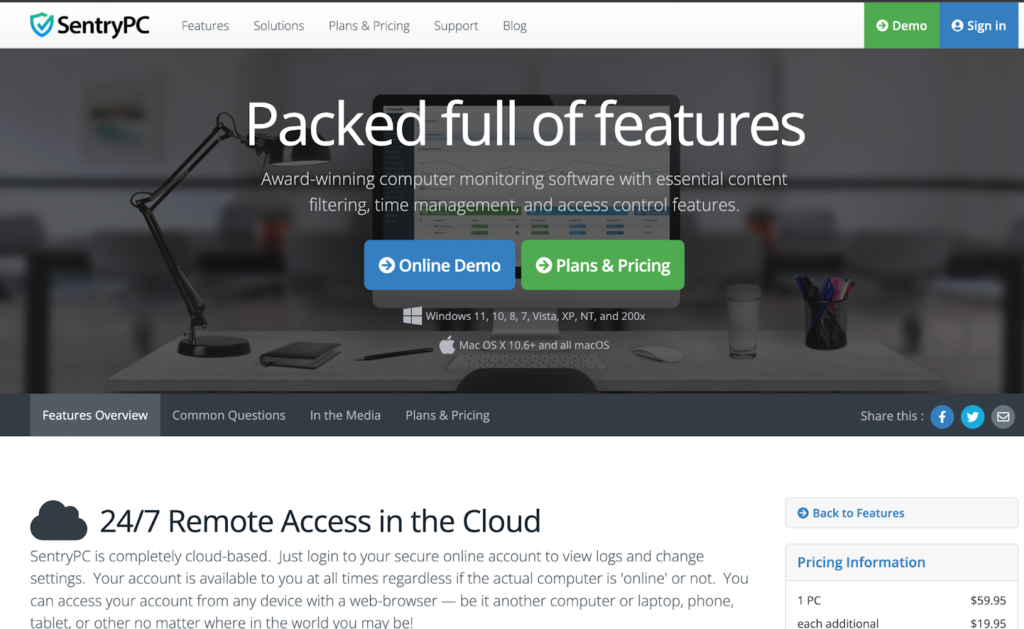 Веб-страница программного обеспечения для мониторинга сотрудников sentrypc