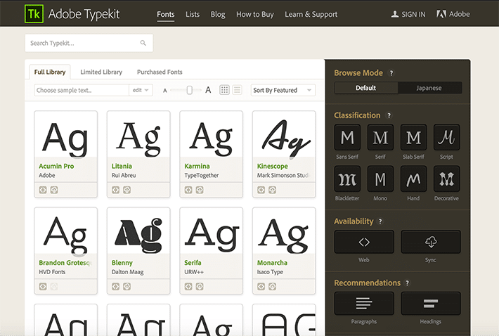 Screenshot der Adobe Typekit-Optionen