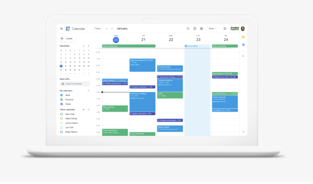Calendario de Google que se muestra en la computadora portátil