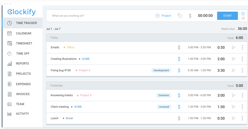 Clockify single page view of attendance tracking software