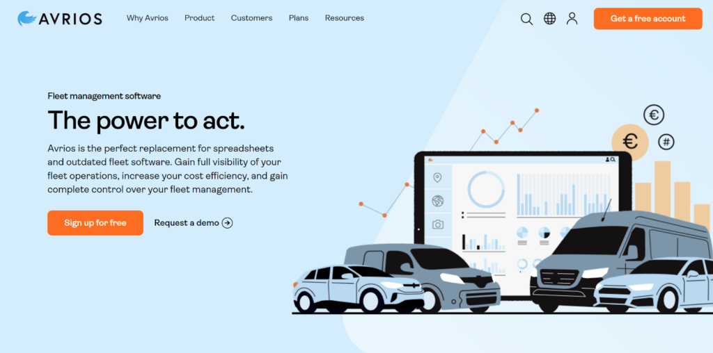 Site-ul web Avrios care prezintă mașini, camionete și un tablou de bord de analiză