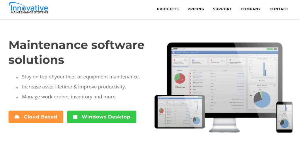 Site-ul web Fleet Maintenace Pro care arată rapoarte de întreținere pe un desktop, tabletă și dispozitiv mobil.