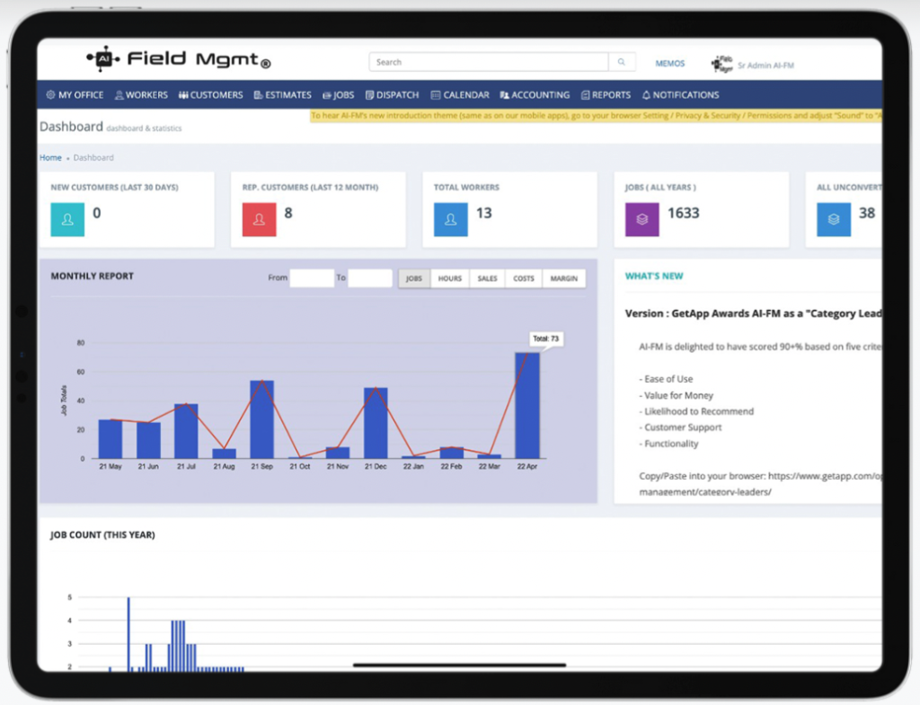 Interfaccia utente del software di invio del servizio AI Field Management della dashboard