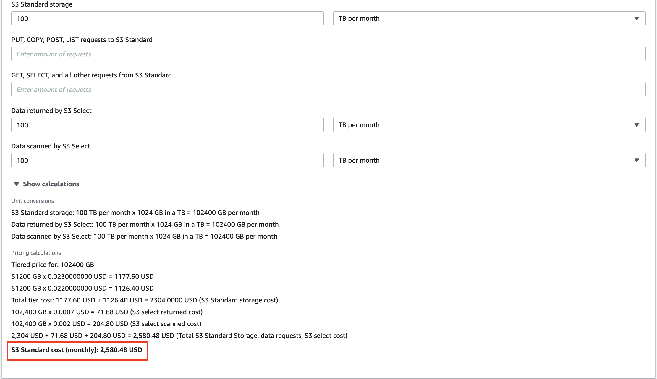 Amazon S3 月度價格