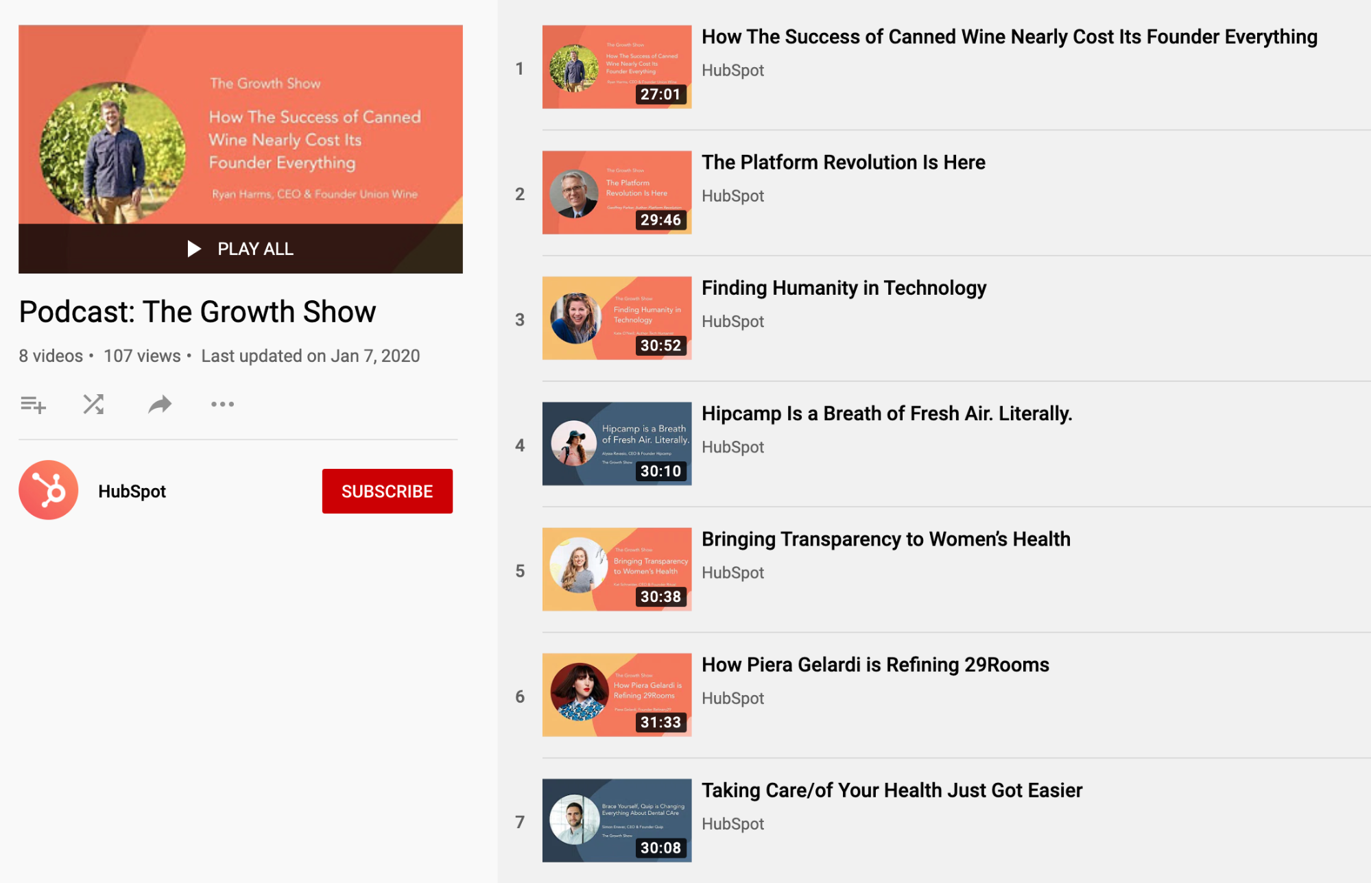 Dobrze zorganizowana playlista wideo na YouTube w Hubspot
