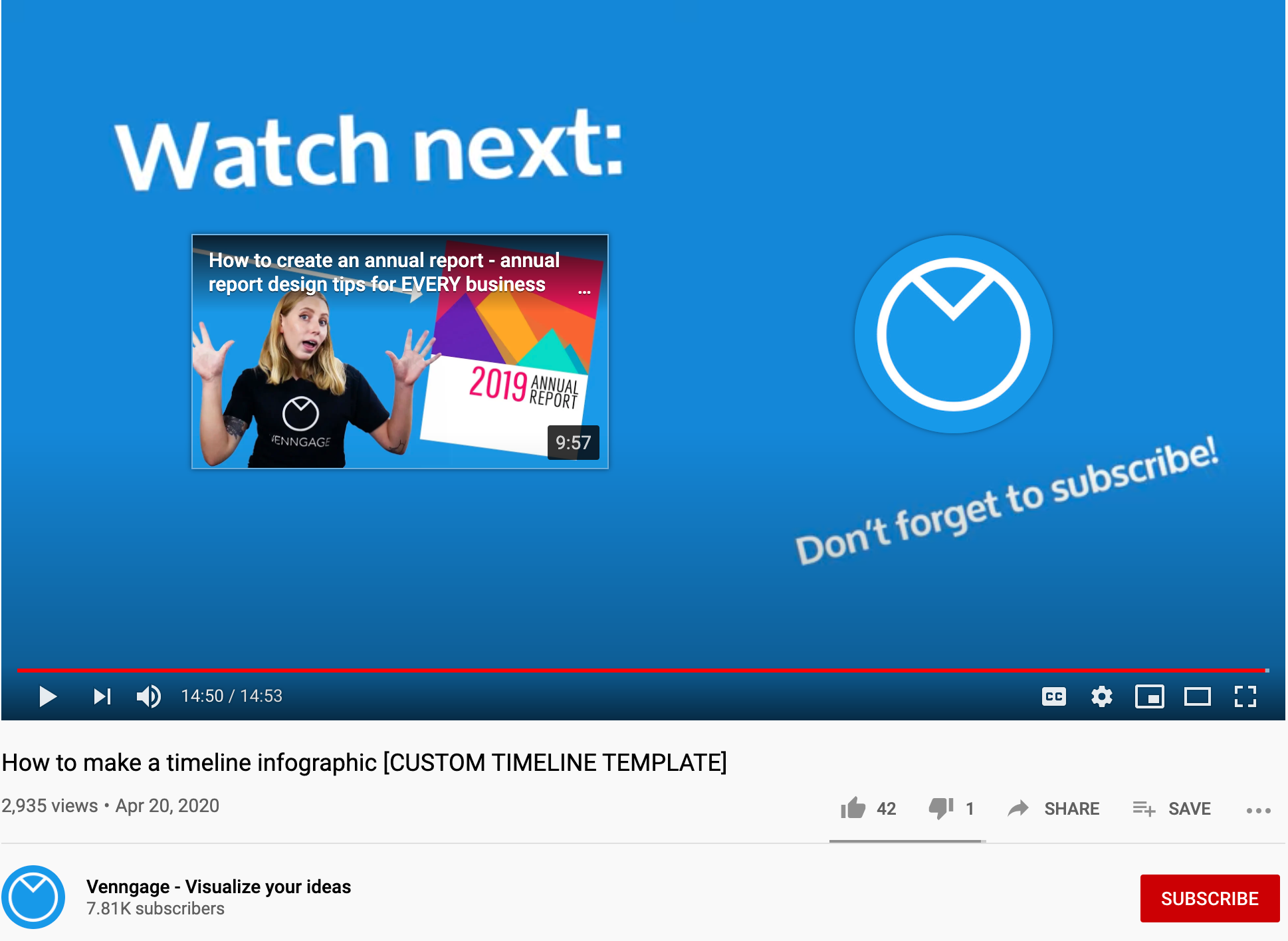 Ekran końcowy Venngage na Youtube z wezwaniem do zasubskrybowania i powiązanym obejrzyj następny film