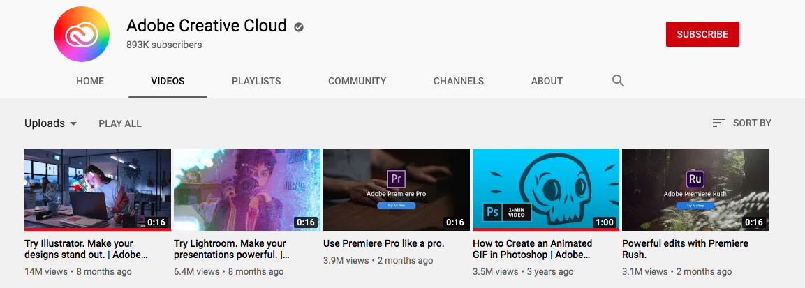 Kanał YouTube Creative Cloud firmy Adobe