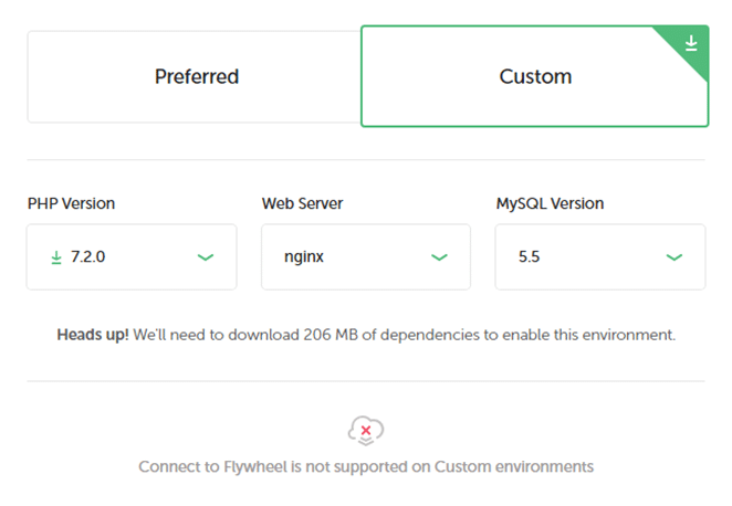 Screenshot der benutzerdefinierten Umgebungseingabeaufforderung für die Einrichtung des lokalen Flywheel-Servers